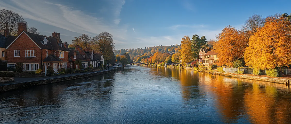 River running through a village in autumn